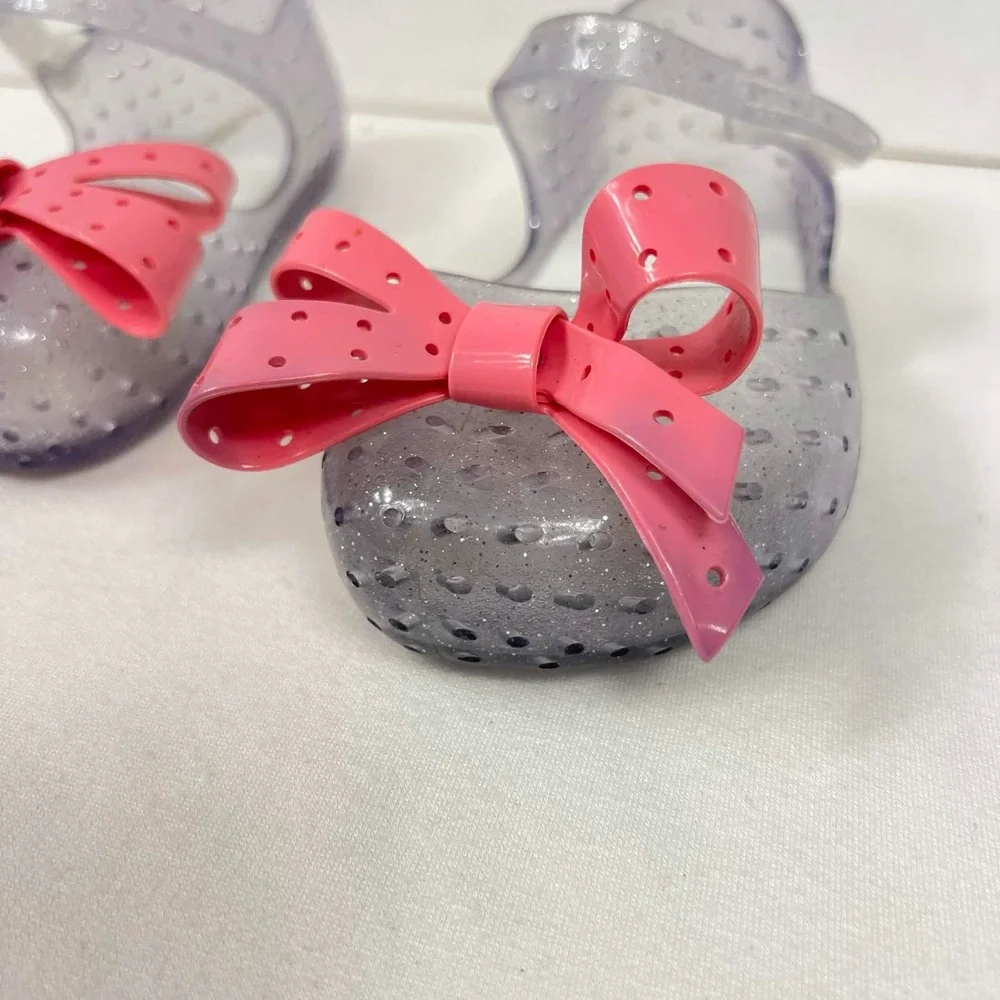 EUC Mini Melissa Ultragirl Bow Glitter Clear Pink Mary Jane Shoes Kids Sz 10